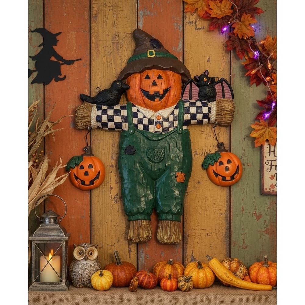 Fall scarecrow vintage Hanging Wall Decor Pumpkin Crow Bat Halloween Harvest 16"